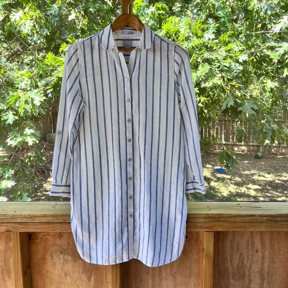 Chico's Women's White And Blue Striped 100% Linen Shirt Dress Size 0 (U.S. 4) - Picture 1 of 9